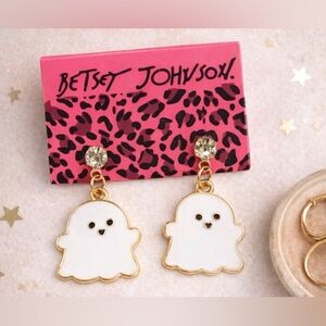Betsey Johnson Halloween Ghost Crystal Drop Earrings Gold Tone Cute Novelty NEW